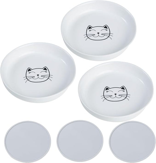 Lusifaco Shallow Cat Food Bowls, 5.9 Inch Wide Ceramic Cat Dish for Indoor Cat,Anti Whisker Fatigue Cat Dishes Set, Kitten Plates for Food and Water,Non-Slip Silicone Mat,3 Pack(White)