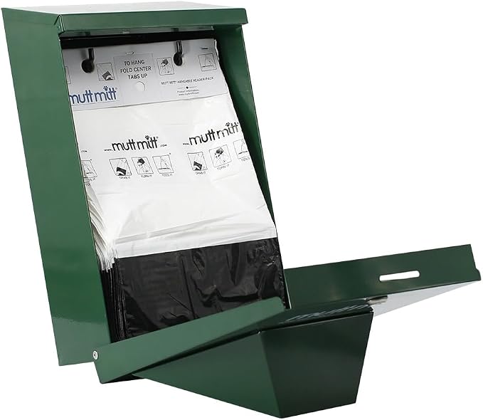 Mutt Mitt® Aluminum Low Profile Dog Waste Station - Gloss Green | 2-Ply | Compact aluminum station with 400 header bags, 25 liners, 12-gal can, locking dispenser, post & hardware included