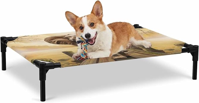 Outdoor Elevated Dog Bed for Large Dogs, Elephants Breathable Cooling Raised Dog Cot for Indoor/Outdoor, Branches Trees Modern Art Animals Waterproof Elevated Pet Beds, L 28 x 22 in