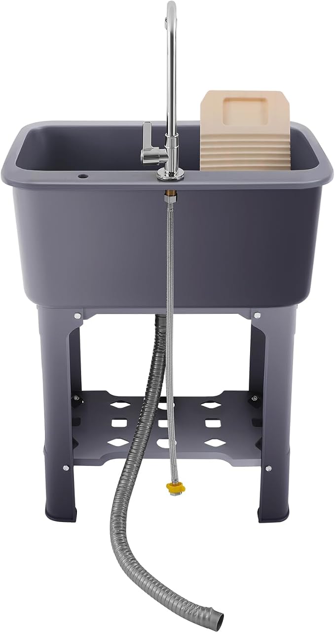 Freestanding Plastic Utility Sink with Hose Hook Up Gray | 110.23 lbs Load Capacity, 360° Swivel Faucet, Includes Washboard, Bottom Storage Board, Suitable for Garages and Gardens