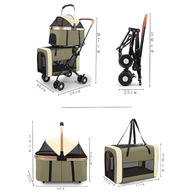 YYW Double Pet Stroller for Small Dogs & Cats - 4 in 1 Foldable Dog Stroller with 2 Detachable Carriers, Lockable Wheels & Safety Belts, Ideal for Multi-Pet Homes Walks & Travel(Brown)