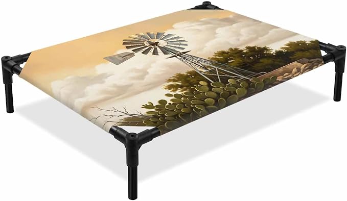 Outdoor Elevated Dog Bed for Large Dogs, Windmill Breathable Cooling Raised Dog Cot for Indoor/Outdoor, Sunset Horizon Farmhouse Trees Waterproof Elevated Pet Beds, L 28 x 22 in