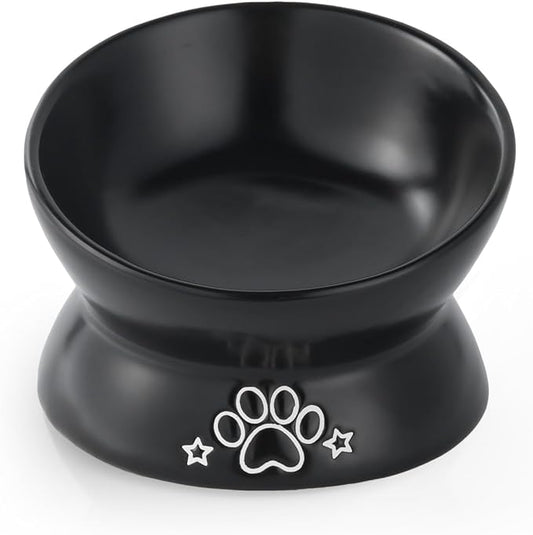 LoeJan Elevated Cat Food Bowl, 5 Oz Ceramic Raised and Tilted Water Bowl, Anti Vomiting and Protect Pets' Spines Dishes for Small Dog, Fat Faced Cat, Kitten (Black Pattern, 1 Pack)