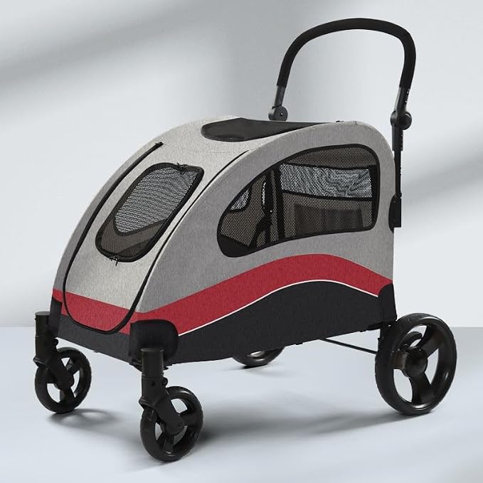 Garvee Extra Large Dog Stroller with Steel Pipe Frame, Wheels, Brakes, Shock Absorption, Foldable Design - Red