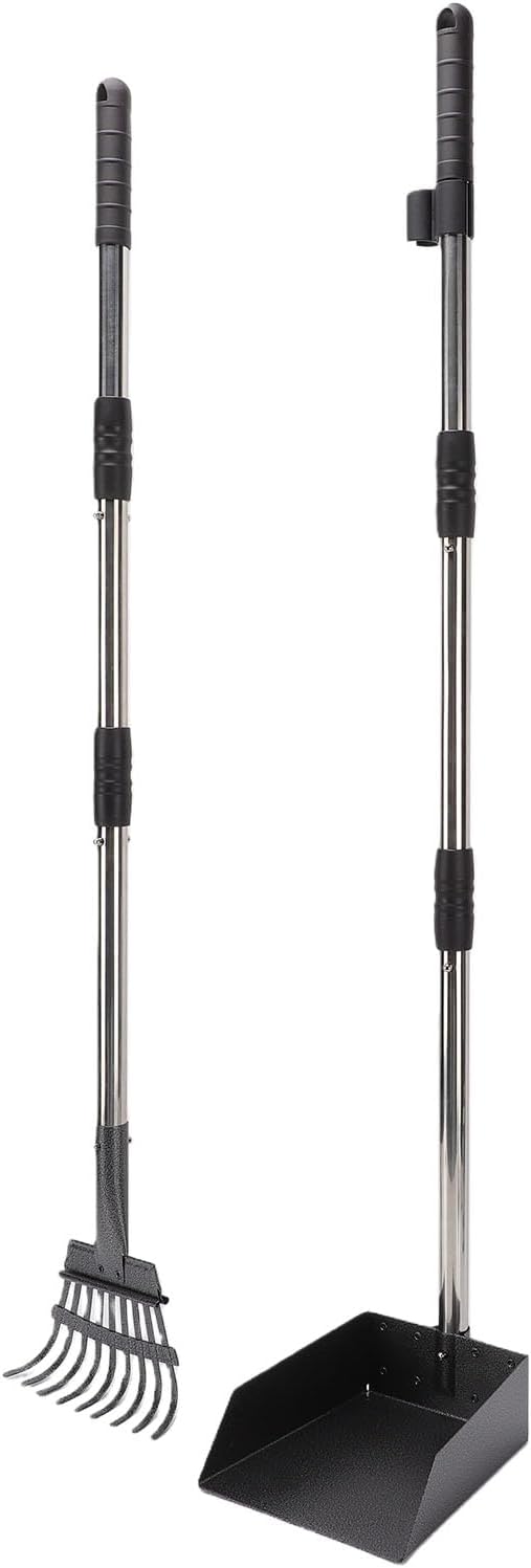 Jiawu Pet Pooper Scooper Long Handle Heavy Duty Tool for Medium Small Dogs on Grass Dirt Gravel 38" Tray Stainless Steel