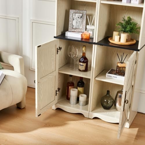 Storage Cabinet with Adjustable Shelves | Open Display Cubbies & Closed Barn Door Storage 3D Wood Grain Finish MDF Bookcase for Bedroom Living Room Office