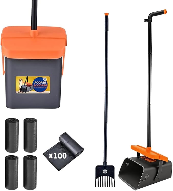 Pooper Scooper for Dogs, 46'' Long Handle Large & Small Breeds, Yard & Outside Waste Pickup, Rake with Bag Attachment & Holder, Litter Scooper, 100 Pet Waste Bags, Pet Supplies & Dog Accessories