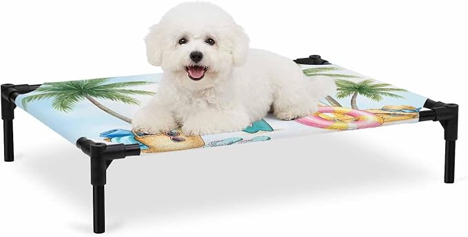 Outdoor Elevated Dog Bed for Medium Dogs, Summer Beach Surfboard Breathable Cooling Raised Dog Cot for Indoor/Outdoor, Tropical Palm Tree Swimming Ring Waterproof Elevated Pet Beds, M 24 x 20 in