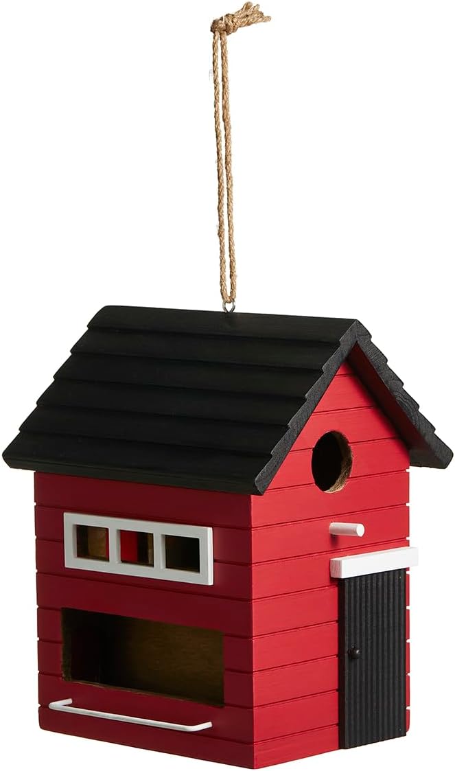 Glitzhome Hanging Bird House for Outside,10.25" H Modern Hand Painted Wooden Bird Houses for Outdoors, Functional and Decorative Bluebird Birdhouses Outdoor Garden Birdhouse, Red