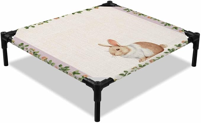 Outdoor Elevated Dog Bed for Small Dogs, Country Bunny Breathable Cooling Raised Dog Cot for Indoor/Outdoor, Farmhouse Rustic Flower Leaf Plant Beige Waterproof Elevated Pet Beds, S 20 x 20 in