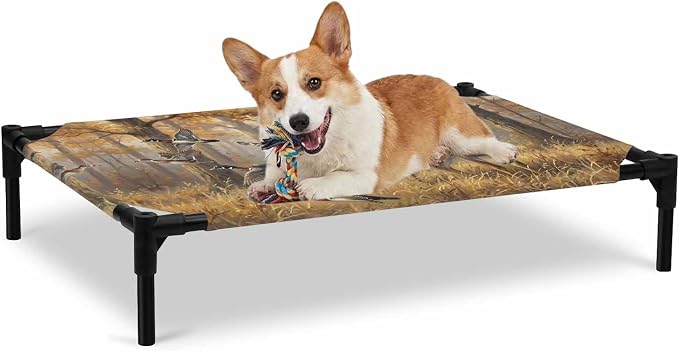 Outdoor Elevated Dog Bed for Large Dogs, Brown Deer Birds Breathable Cooling Raised Dog Cot for Indoor/Outdoor, Autumn Forest Trees Grass Natural Scenery Waterproof Elevated Pet Beds, L 28 x 22 in