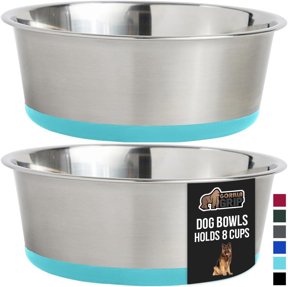 GORILLA GRIP Set of 2 Dog Bowls, Holds 8 Cups (64 fl oz), Heavy Duty Metal Food and Water Bowl for Feeding Dogs and Cats, Dishwasher Safe Rust Resistant Stainless Steel, BPA Free Rubber Base Turquoise