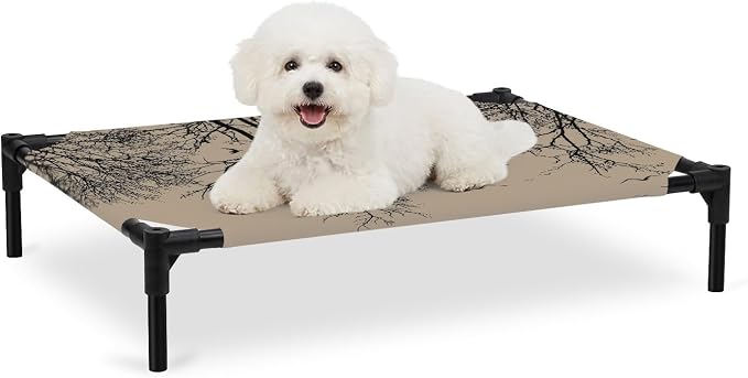 Outdoor Elevated Dog Bed for Medium Dogs, Brown Black Branches Breathable Cooling Raised Dog Cot for Indoor/Outdoor, Botanical Dead Tree Birds Waterproof Elevated Pet Beds, M 24 x 20 in