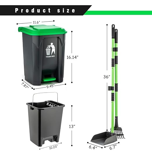 MXF Pooper Scooper Set - 28" Dog Pooper Scooper & Long Handle Stainless Metal Tray&Rake, 15 Litre Step Dog Poop Trash Can w/Removable Inner Bucket, 20 Waste Bags for Outdoors