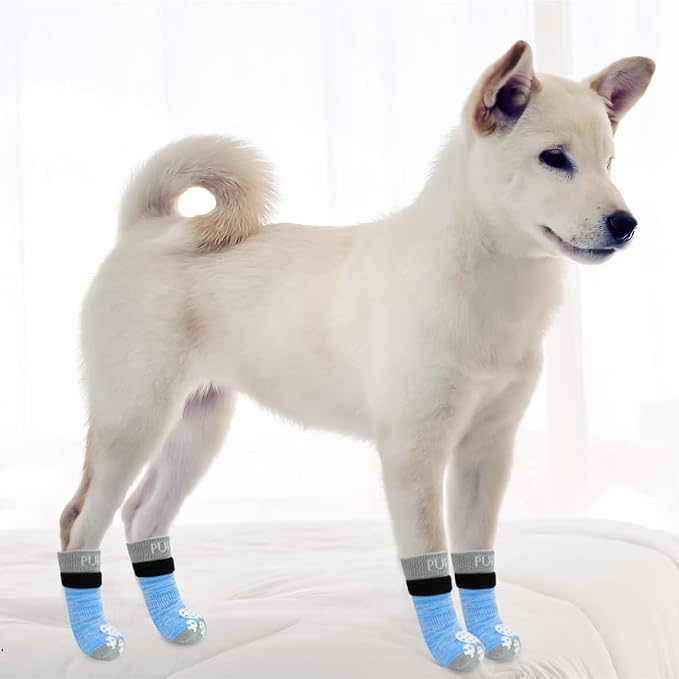 PUPTECK Double Side Anti-Slip Dog Socks with Adjustable Straps for Indoor Wear - 2 Pairs Pet Paw Protection Traction Control Socks on Hardwood Floor