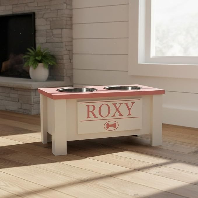 Elevated Dog Bowls, Personalized Raised Dog Bowl Stand for Medium Dogs | Farmhouse Style, Elevated Wood Stand, Storage Container, Stainless Steel Bowls, Raised Anti-Slip Feeder, Made in USA