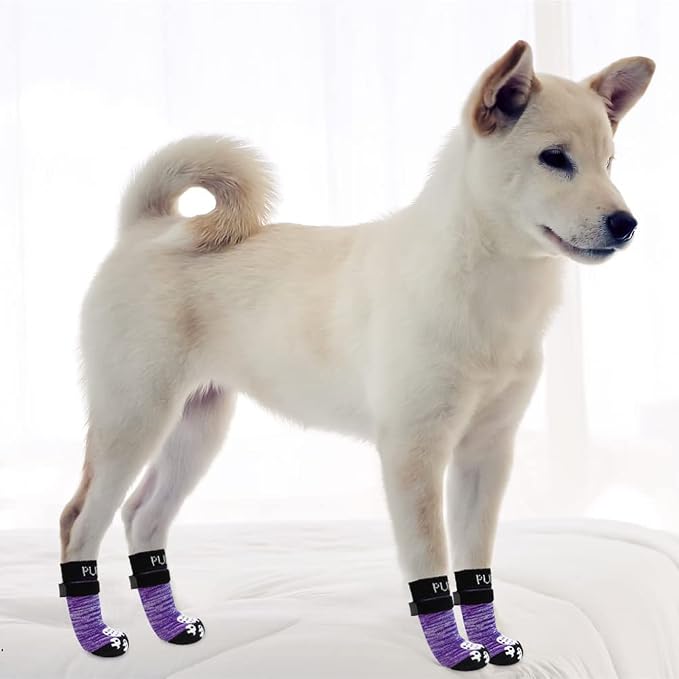 PUPTECK Anti-Slip Dog Socks with Double Sides Grips for Small Medium Large Dogs Hardwood Floors Prevents Licking, Dog Shoes for Hot Pavement Traction Control Paw Protector for Senior Dogs, Purple M