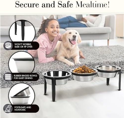 Vision Triple Diner - 3 Bowl Dog Feeder - Small to Medium Dogs - Multi-Dog Feeding Station - UV Weather Resistant - No Noise - Indoor/Outdoor (Black, Small - 5.5" Ht)
