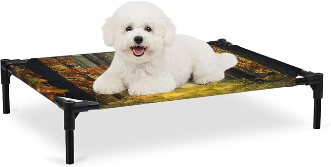 Outdoor Elevated Dog Bed for Medium Dogs, Forest Breathable Cooling Raised Dog Cot for Indoor/Outdoor, Sunlight Rustic Trees Orange Green Mystery Waterproof Elevated Pet Beds, M 24 x 20 in