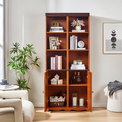 Storage Cabinet with Adjustable Shelves | Open Display Cubbies & Closed Barn Door Storage 3D Wood Grain Finish MDF Bookcase for Bedroom Living Room Office