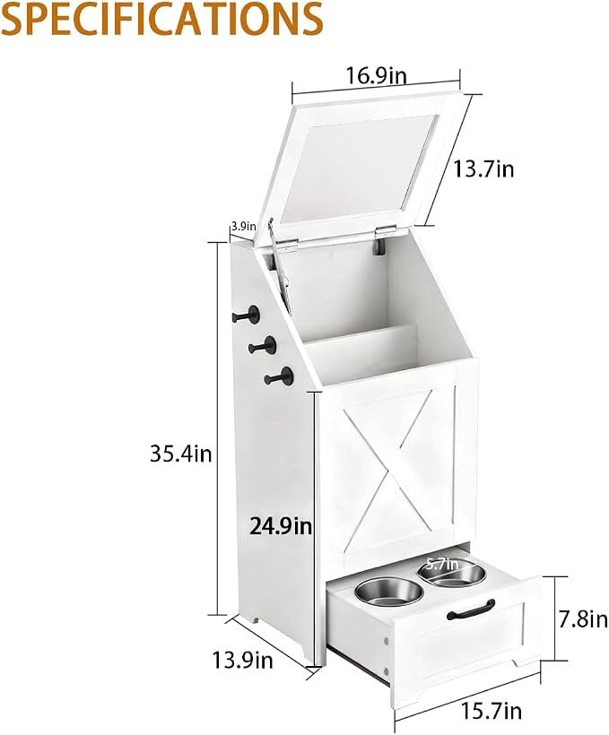 Dog Feeding Station,Dog Food Storage Cabinet,Pet Feeding Station with 2 Elevated Bowls,Hidden Pet Feeder Station with Hooks,Flip Top Pet Storage Organizer for Water,Feeding (White)