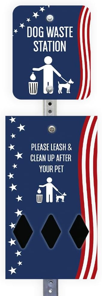 Zero Waste USA - DISPENSE-ART™ Mini Dog Waste Station - Stars & Stripes | UV-printed aluminum bag station with 400 bags, 25% larger dispenser, installs beside existing trash cans, 10-year warranty