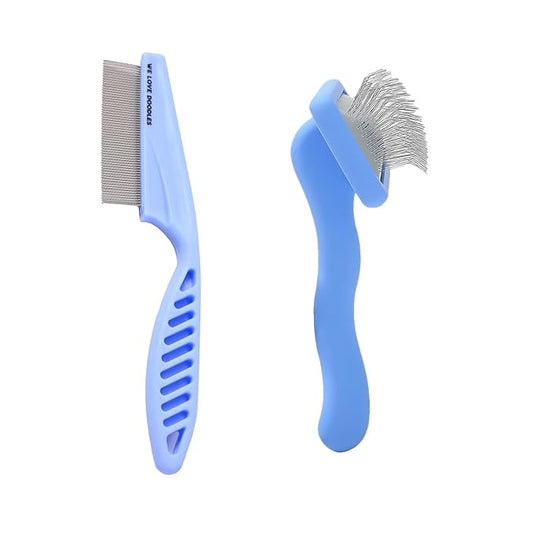 We Love Doodles Small Dog Face Grooming Comb and Small Slicker Brush Bundle - Tear Stain Remover For Dog Eye Boogers - Long Pin Brush For Dematting - Pet Eye Brush - Combs For Grooming - Made in USA