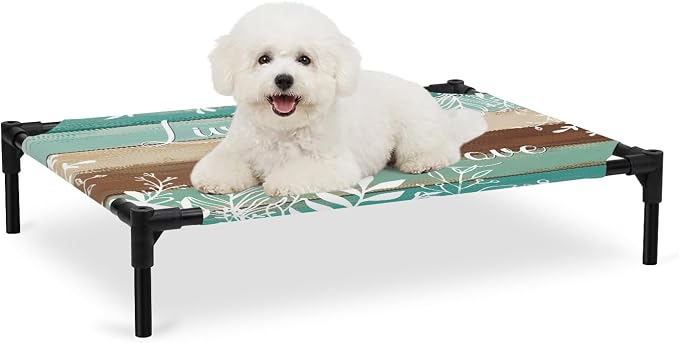 Outdoor Elevated Dog Bed for Medium Dogs, Teal Green Brown Botanical Breathable Cooling Raised Dog Cot for Indoor/Outdoor, Farmhouse Wooden Leaves Waterproof Elevated Pet Beds, M 24 x 20 in
