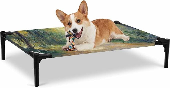 Outdoor Elevated Dog Bed for Large Dogs, Country Forest Breathable Cooling Raised Dog Cot for Indoor/Outdoor, Farmhouse Trees Plants Nature Scenery Waterproof Elevated Pet Beds, L 28 x 22 in