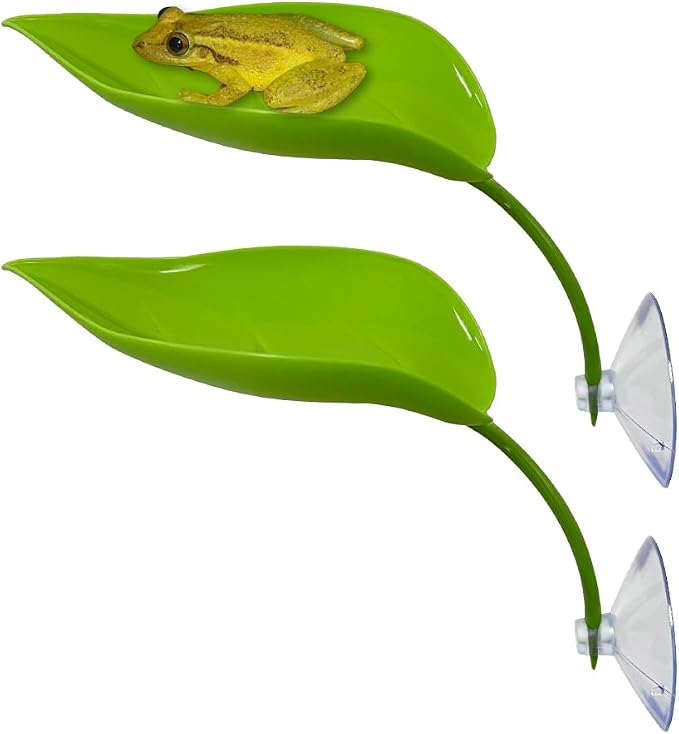 KVZVK 2Pcs Tree Frog Tank Leaf Decorations,Leaf Shape Basking Platform with Suction Cups for Leopard Gecko Tank Accessories for African Dwarf Frog