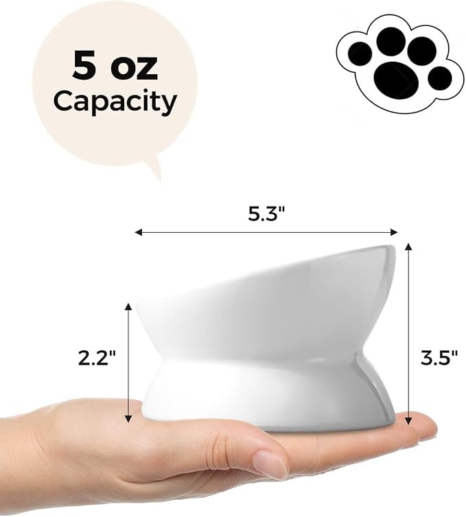 LoeJan Elevated Cat Food Bowl, 5 Oz Ceramic Raised and Tilted Water Bowl, Anti Vomiting and Protect Pets' Spines Dishes for Small Dog, Fat Faced Cat, Kitten (White, 3 Pack)