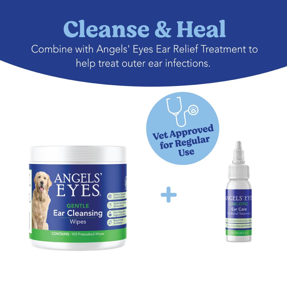 ANGELS' EYES Ear Cleansing Wipes for Dogs & Cats, Removes Dirt, Wax, Odor, Help Reduce Infections & Itching, No Artificial Colors or Fragrance, 100ct