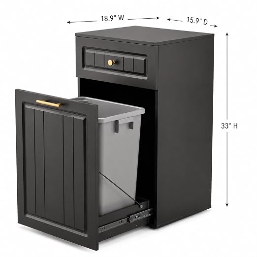 13 Gallon Pull Out Trash Can Cabinet with Drawer | Hidden Wooden Garbage Cabinet for Kitchen, Freestanding Modern Farmhouse Waste Bin Holder, Black