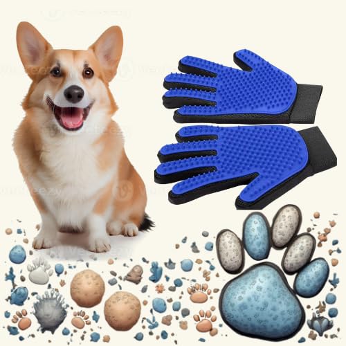 Pet Grooming Glove, Blue and Black, Deshedding Brush Mitt for Dogs and Cats (1 Pair).