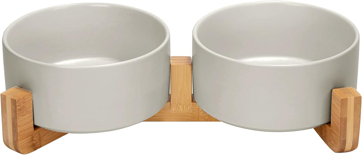 SPUNKYJUNKY Ceramic Dog and Cat Bowl with Wood Stand Non-Slip Matte Glaze Weighted Food Water Set for Cat Medium Dog 28.7 OZ