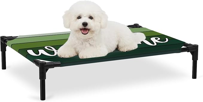 Outdoor Elevated Dog Bed for Medium Dogs, Green Wooden Grain Breathable Cooling Raised Dog Cot for Indoor/Outdoor, Ombre Farmhouse Country Wood Plank Waterproof Elevated Pet Beds, M 24 x 20 in