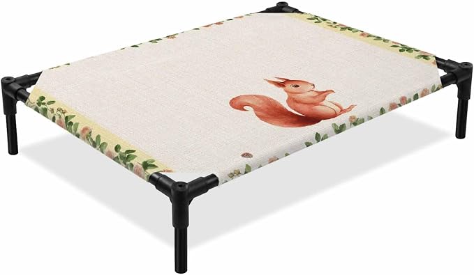 Outdoor Elevated Dog Bed for Medium Dogs, Country Squirrels Breathable Cooling Raised Dog Cot for Indoor/Outdoor, Farmhouse Rustic Flower Leaf Plant Beige Waterproof Elevated Pet Beds, M 24 x 20 in
