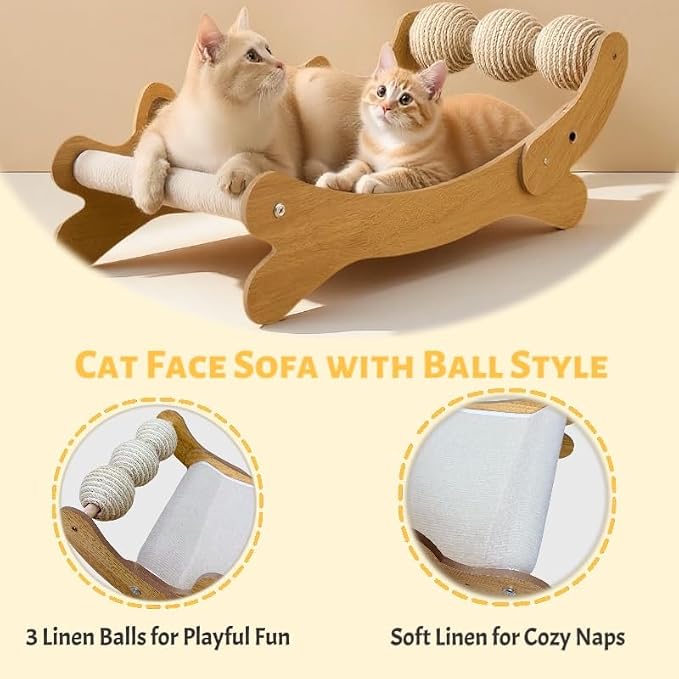 Wooden Cat Lounge Chair with Sisal Scratchable Ropes, Cute Cat-Shaped Raised Elevated Cat Bed & Sofa, Heavy Duty Indoor Kitty Scratcher Couch for Sleeping & Playing
