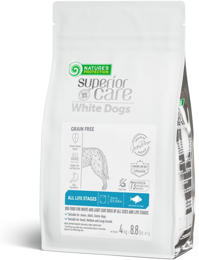 Nature's Protection Dry Dog Food for Puppy & Adult - High Protein, Grain Free Tear Stain Formula - Dog Kibble for Small, Medium & Large Breed with Light Coat (Superior Care - White Fish, 8.8 lb)