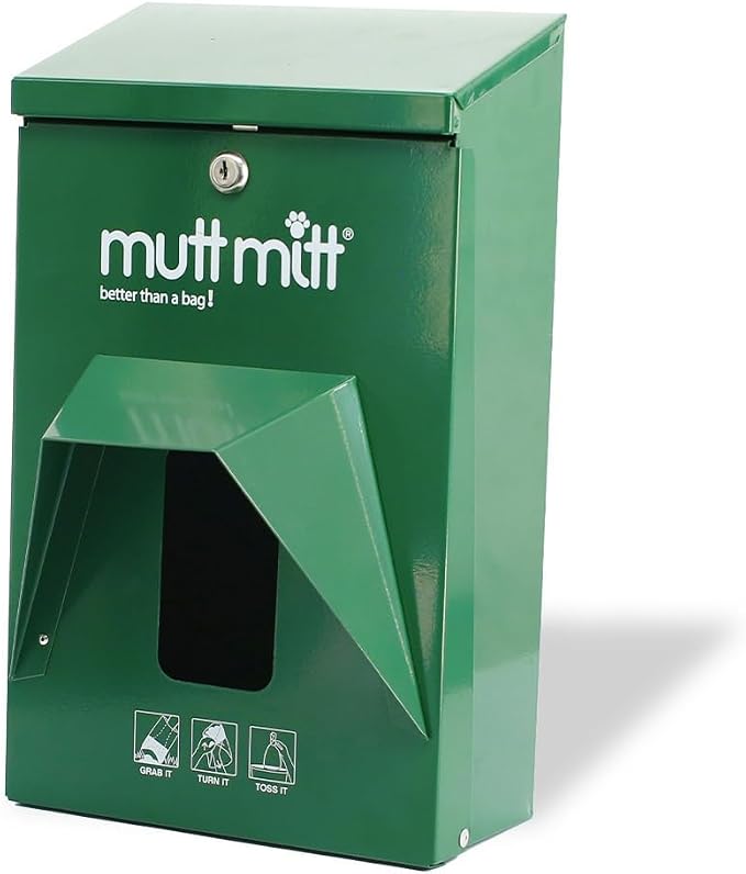 Mutt Mitt® Aluminum Dog Waste Starter Station - Gloss Green | Singles | Rust-proof aluminum dispenser, includes 400 header bags, locking hood, fits all 5" header refills, hardware included