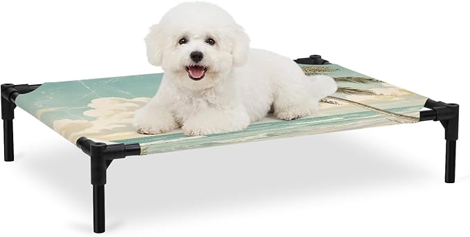 Outdoor Elevated Dog Bed for Medium Dogs, Palm Trees Breathable Cooling Raised Dog Cot for Indoor/Outdoor, Beach Summer Blue Ocean Sky Natural Landscape Waterproof Elevated Pet Beds, M 24 x 20 in