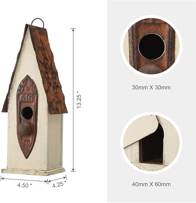 Glitzhome Bird Houses for Outside, Garden Hanging Birdhouse for Outdoors, 13.25" H Washed White Distressed Hand Painted Solid Wood Bird House for Bluebird Hummingbird Wren Finch Cardinals Cedar