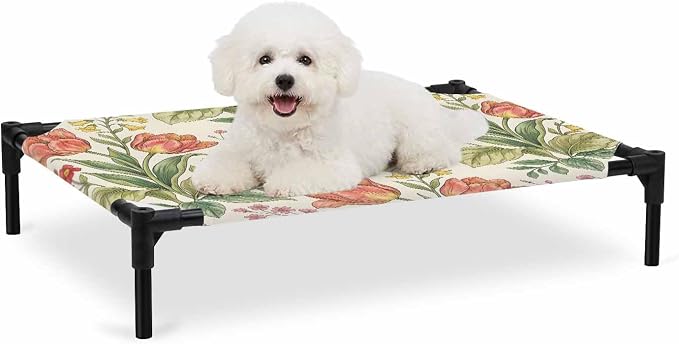 Outdoor Elevated Dog Bed for Medium Dogs, Botanical Tulip Breathable Cooling Raised Dog Cot for Indoor/Outdoor, Farmhouse Vines Floral Summer Plants Waterproof Elevated Pet Beds, M 24 x 20 in