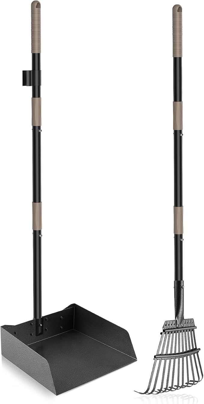 Pooper Scooper for Large Dogs, Metal Poop Scooper with Rake,Tray for Yard | Extra Large Pan, Long Handle, No Bending, Heavy Duty Stainless Steel, Rust Proof, Perfect for Seniors Pet Owner Multiple Dog