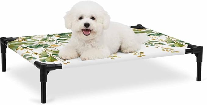 Outdoor Elevated Dog Bed for Medium Dogs, Floral Vine Breathable Cooling Raised Dog Cot for Indoor/Outdoor, White Hanging Buds Botanical Flowers Farmhouse Waterproof Elevated Pet Beds, M 24 x 20 in