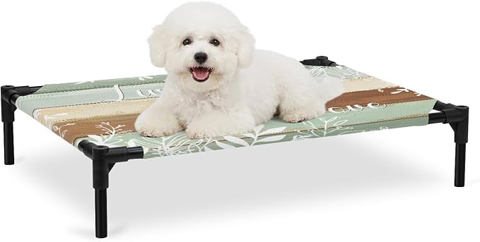 Outdoor Elevated Dog Bed for Medium Dogs, Teal Brown Botanical Breathable Cooling Raised Dog Cot for Indoor/Outdoor, Farmhouse Wooden Leaves Waterproof Elevated Pet Beds, M 24 x 20 in