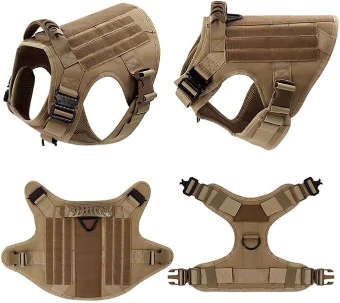 WAYO Dog Harness and Leash Set 6 Items - Military Tactical Vest with Collar for German Shepherd, Malinois, No Pull Training Walking Harness with Adjustable Straps (S/M/L/XL) (Brown, S)