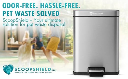 6L Outdoor and Indoor Pet Waste Container, (with one Charcoal Filter), Stainless Steel Can. Lid Opens with Push Step. 12 in x 10 in x 8 in Dimension.