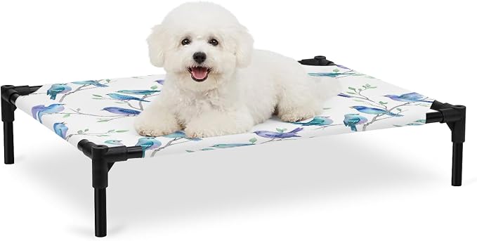 Outdoor Elevated Dog Bed for Medium Dogs, Cute Birds Ombre Blue Breathable Cooling Raised Dog Cot for Indoor/Outdoor, Spring Country Animals Branches Waterproof Elevated Pet Beds, M 24 x 20 in