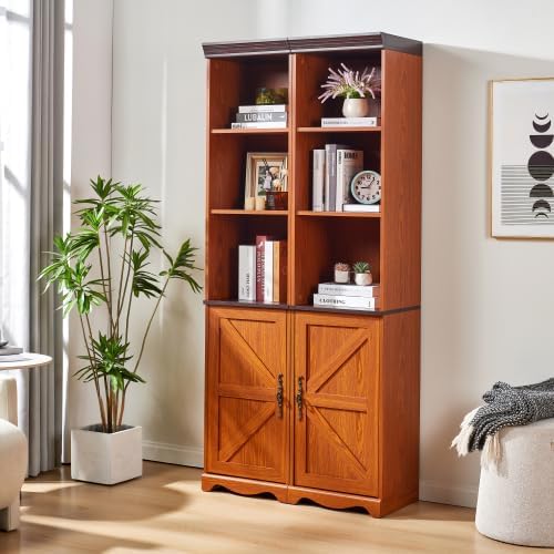 Storage Cabinet with Adjustable Shelves | Open Display Cubbies & Closed Barn Door Storage 3D Wood Grain Finish MDF Bookcase for Bedroom Living Room Office